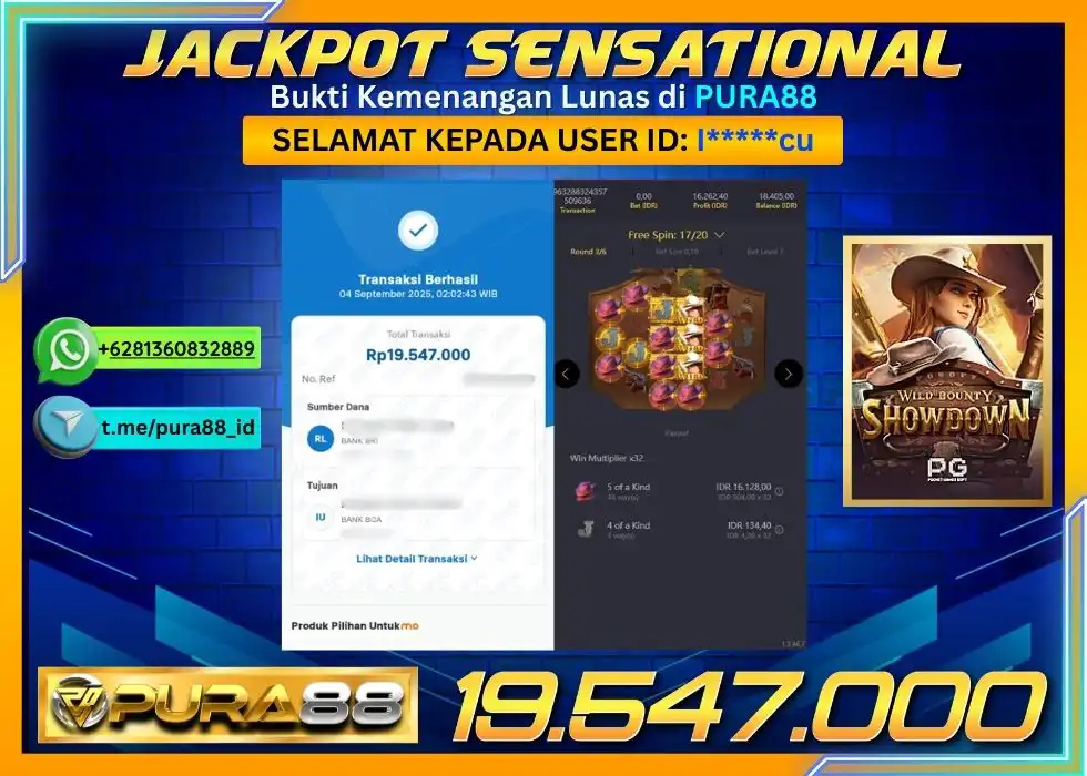 PURA88 JACKPOT SENSATIONAL WILD BOUNTY SHOWDOWN Rp 19.547.000,- LUNAS