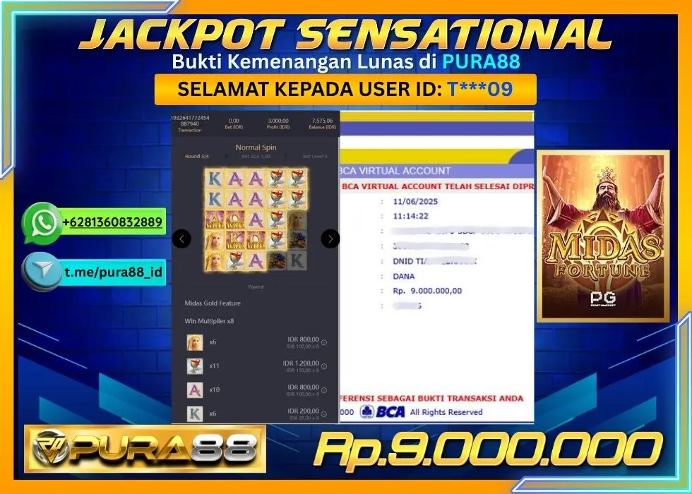 PURA88 JACKPOT SENSATIONAL MIDAS FORTUNE Rp9.000.000,- LUNAS